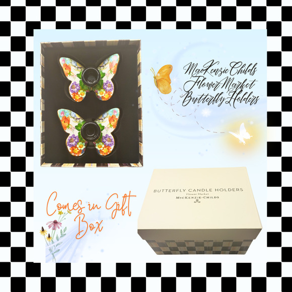MACKENZIE-CHILDS Flower Market Butterfly Candle Holders 2-Piece Set in Gift Box - Picture 2 of 5
